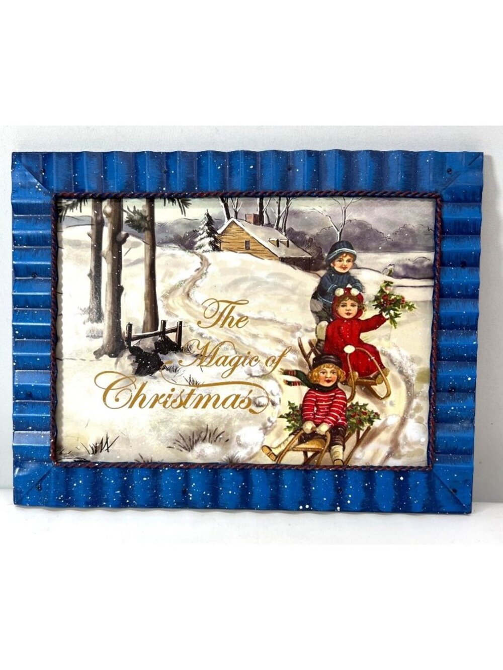 Vintage "The Magic Of Christmas" Framed Print With Children On Sleds & Snowy Sce